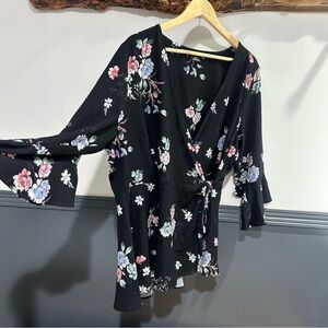 City Chic Black Floral Wrap Blouse Plus Size
